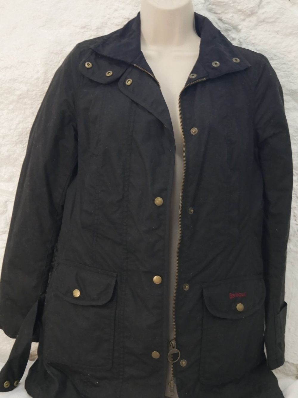 Barbour Women's Black Utility Waxed Jacket with Brass Hardware, Esquire Size 8